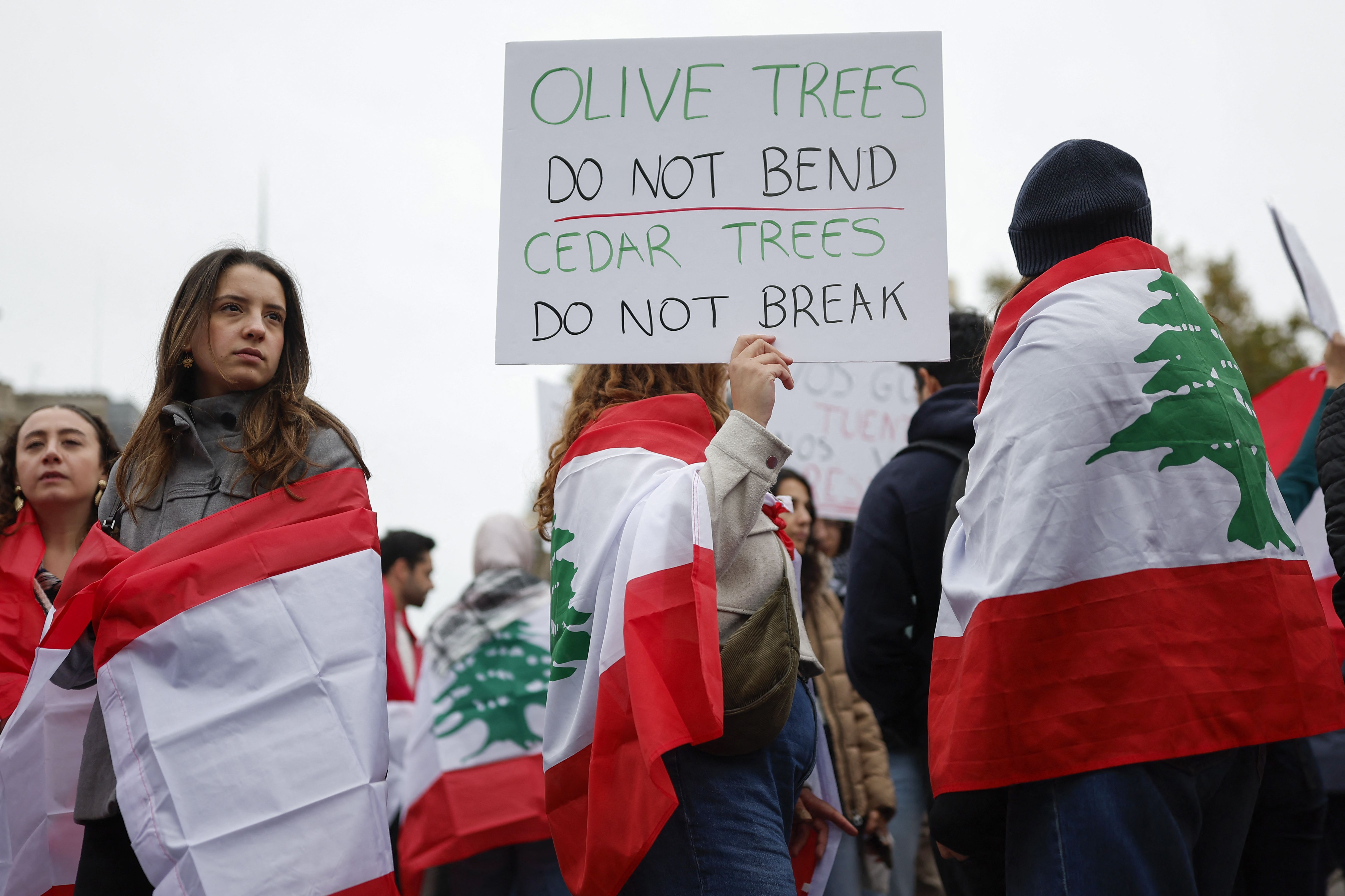 Protesters in Paris wear Lebanese flags during a demonstration in support of Lebanese people. (AFP)