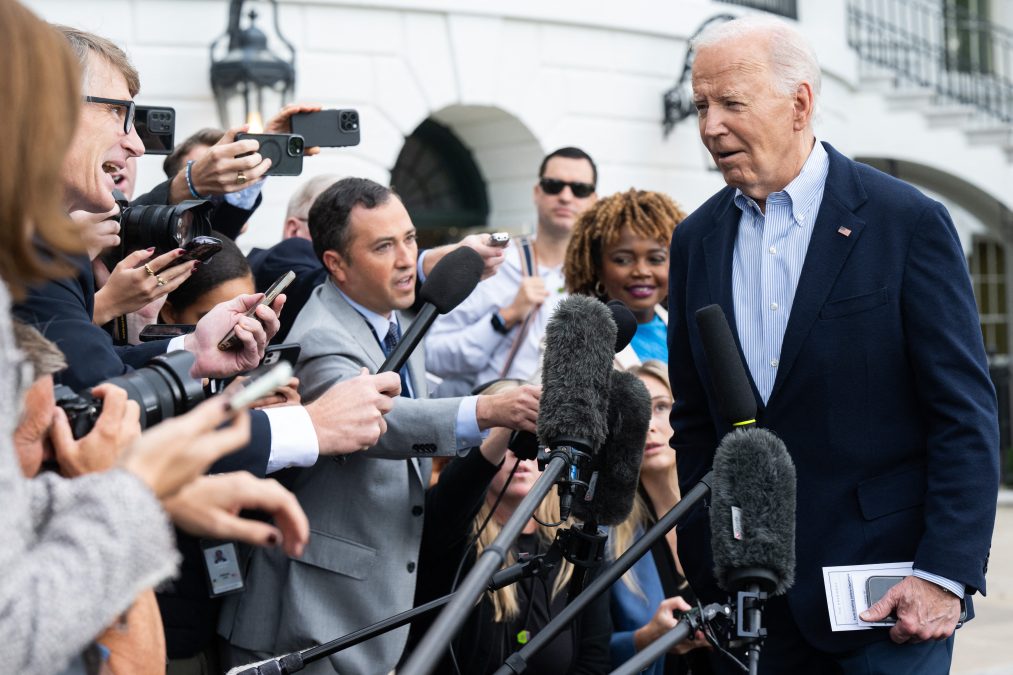 US President Joe Biden speaks to the media prior to departing on Marine One from the South Lawn of the White House in Washington, DC, on October 3, 2024, as he travels to Florida and Georgia to view damage from Hurricane Helene. (AFP)