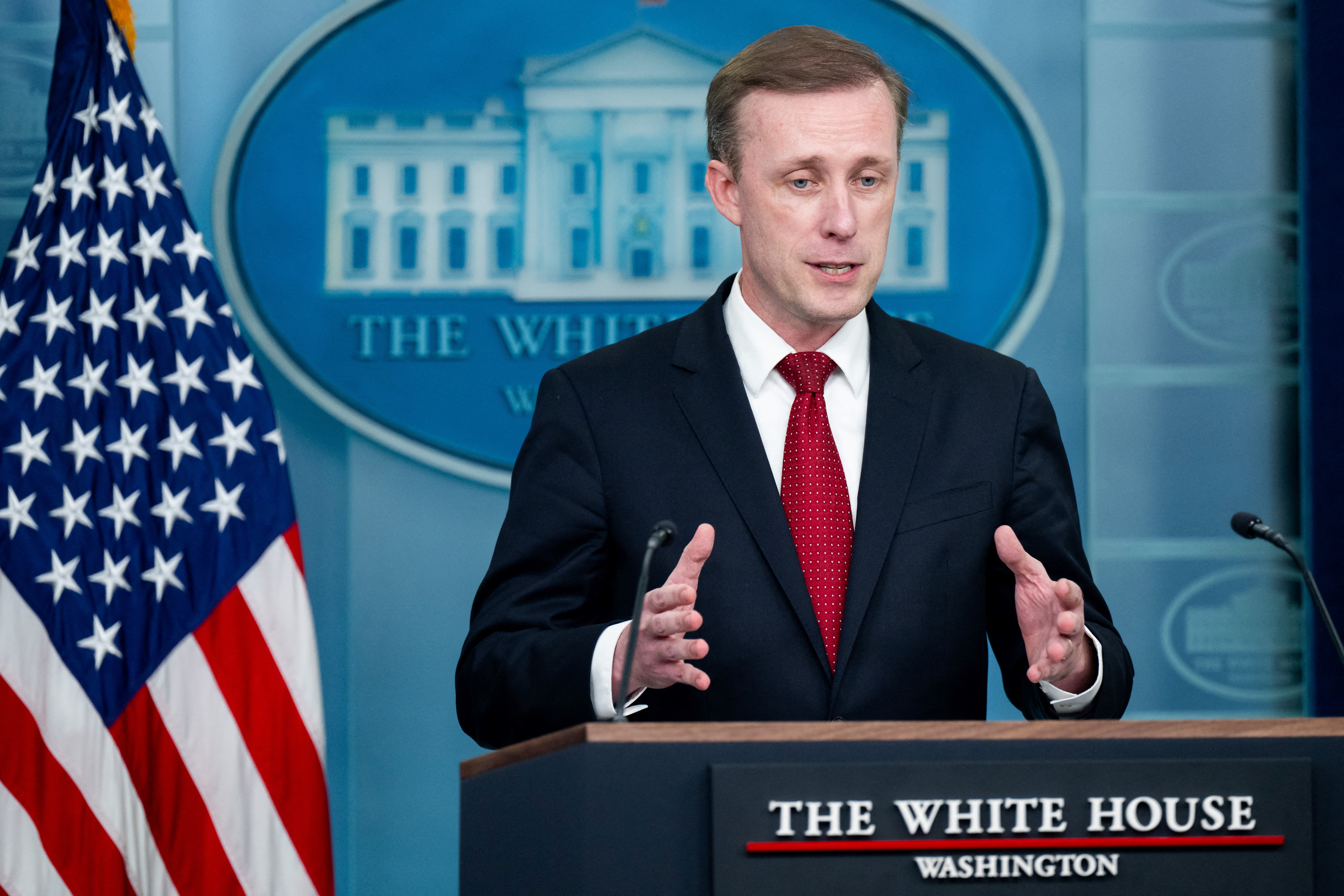 National Security Advisor Jake Sullivan speaks about the situation in Israel during the daily press briefing in the Brady Press Briefing Room of the White House in Washington, DC, on October 1, 2024. (AFP)