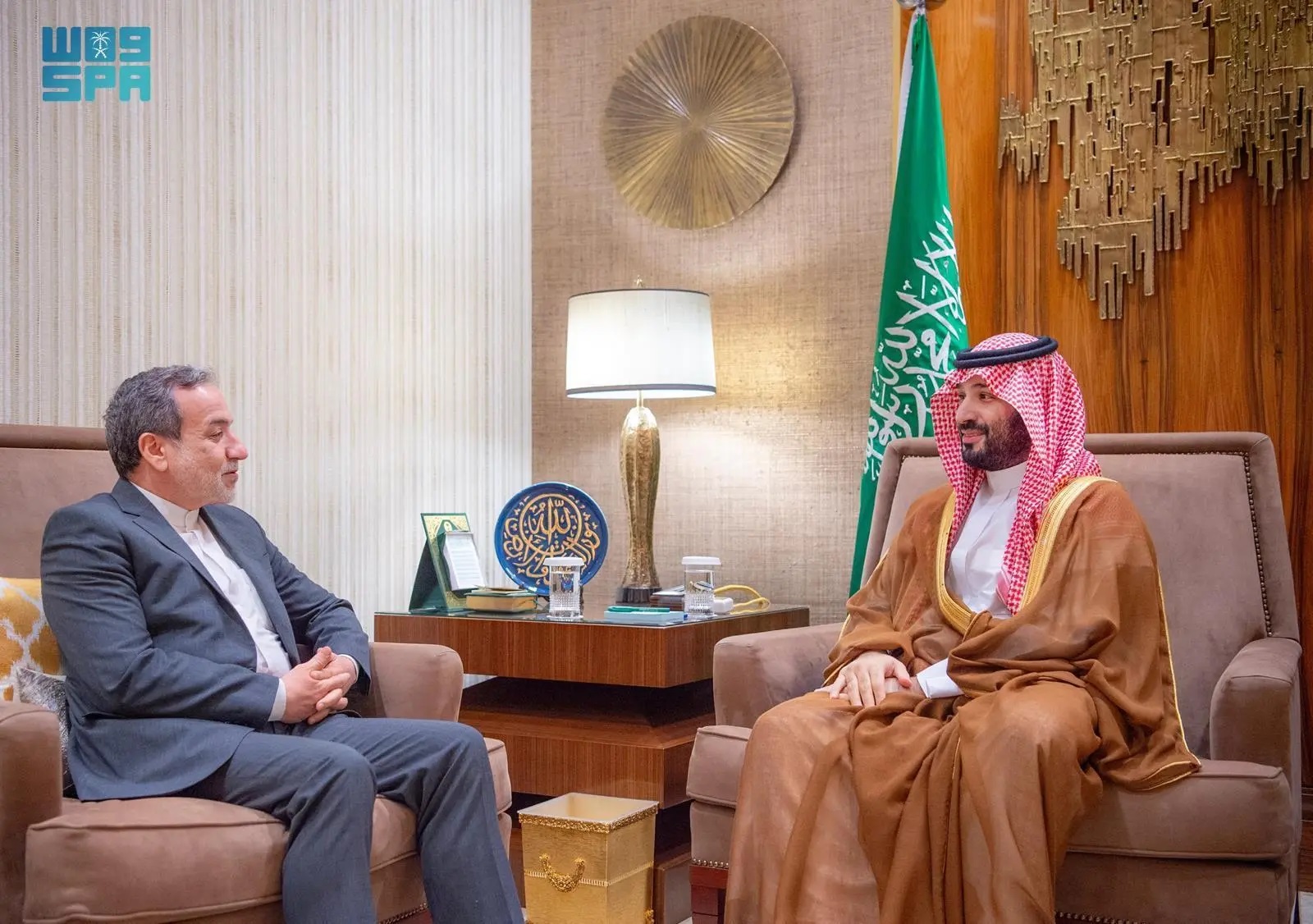 Saudi Crown Prince Mohammed bin Salman (right) and Iranian Foreign Minister Abbas Araghchi discuss regional developments in Riyadh on Wednesday. (Saudi Press Agency)