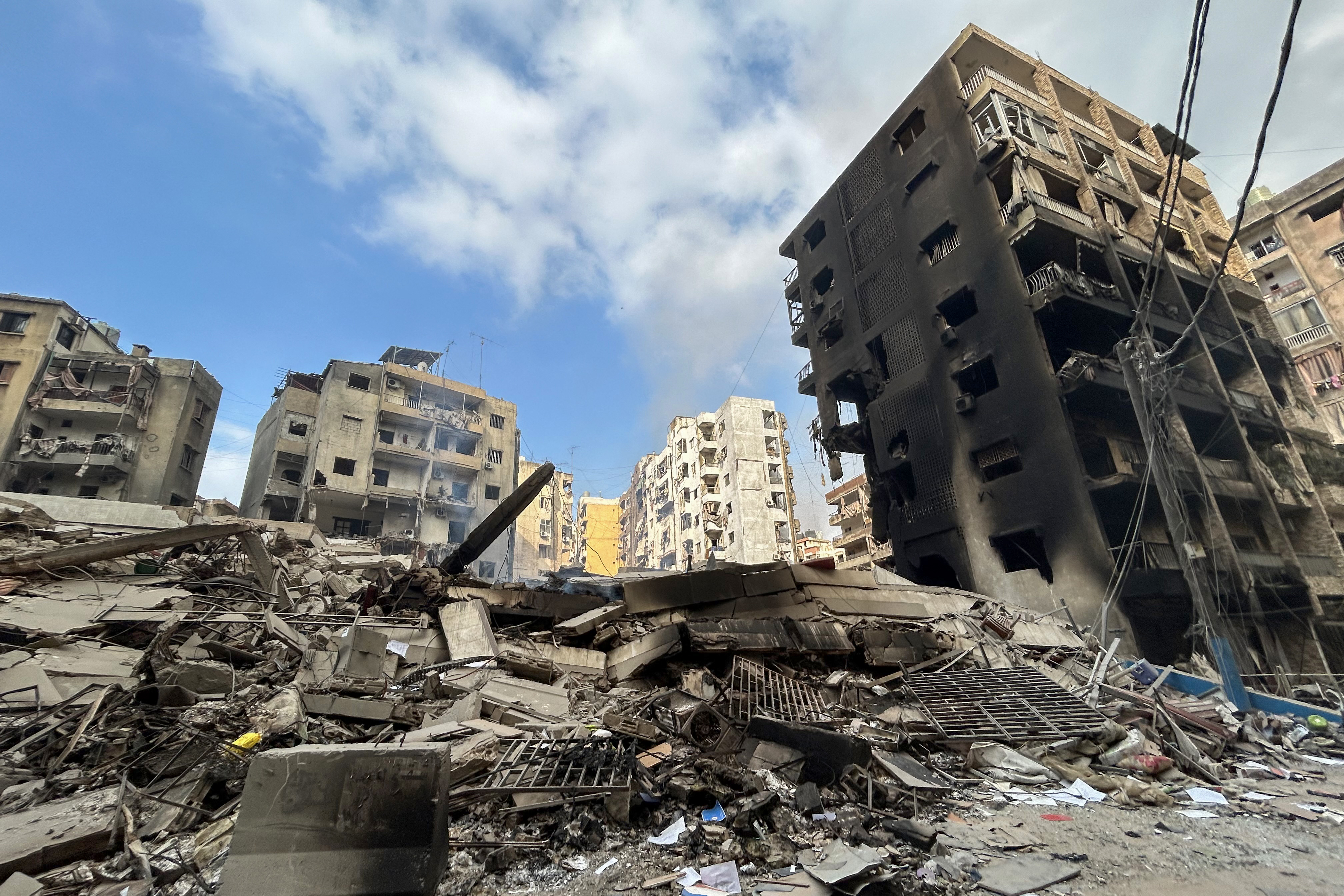 A picture shows a view of the destruction at the site of an Israeli overnight airstrike that targeted Beirut's southern suburb Rouweiss neighborhood on October 10, 2024. The United States urged its ally Israel to avoid Gaza-like military action in Lebanon, after Prime Minister Benjamin Netanyahu said it could face "destruction" like the Palestinian territory. (AFP)