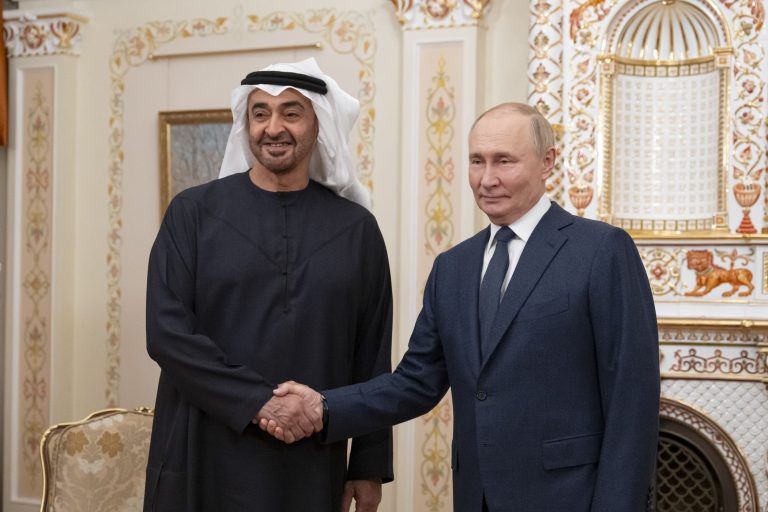 UAE President Sheikh Mohamed bin Zayed meets Russian President Vladimir Putin at the latter's residence. (WAM)