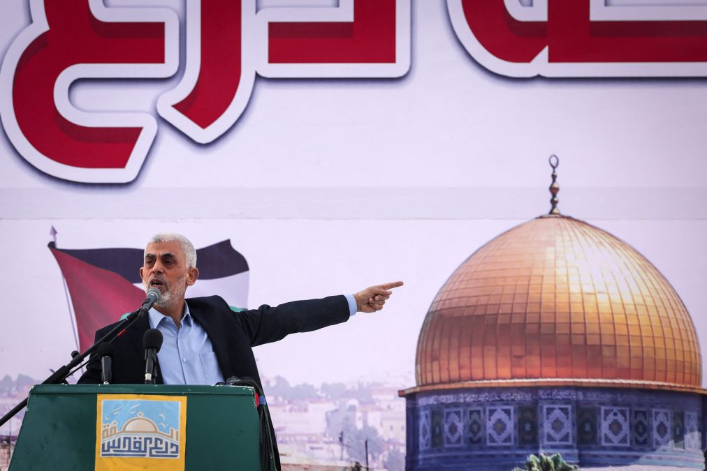 Yahya Al Sinwar, the Gaza Strip chief of the Palestinian Hamas movement, addresses supporters during a rally marking Al-Quds (Jerusalem) Day, a commemoration in support of the Palestinian people celebrated annually on the last Friday of the Muslim fasting month of Ramadan, in Gaza City, on April 14, 2023. (AFP)