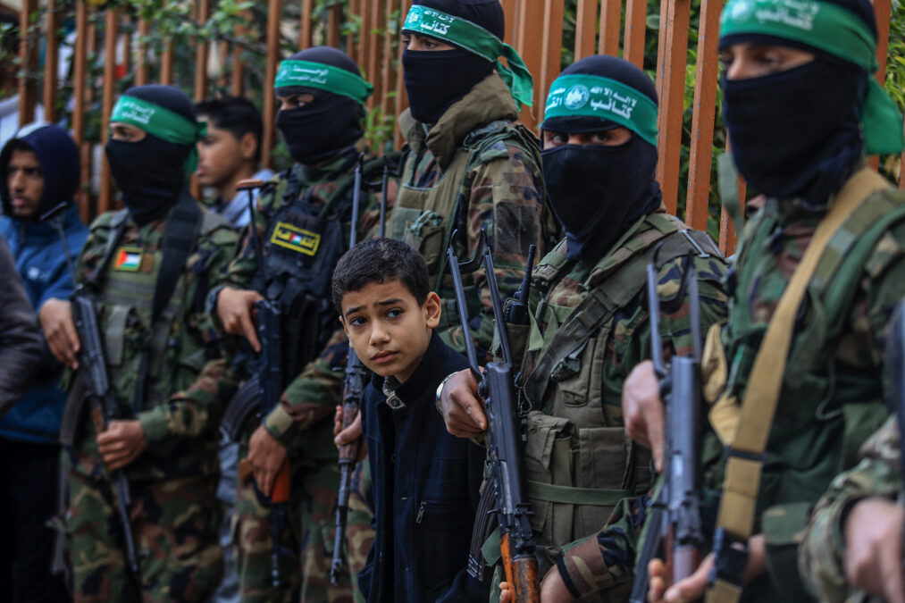 Al-Qassam Brigades members attend the funeral for the members of the Al-Qassam Brigades (the armed wing of the Palestinian group Hamas), in Khan Yunis, Gaza on February 13, 2025. AFP